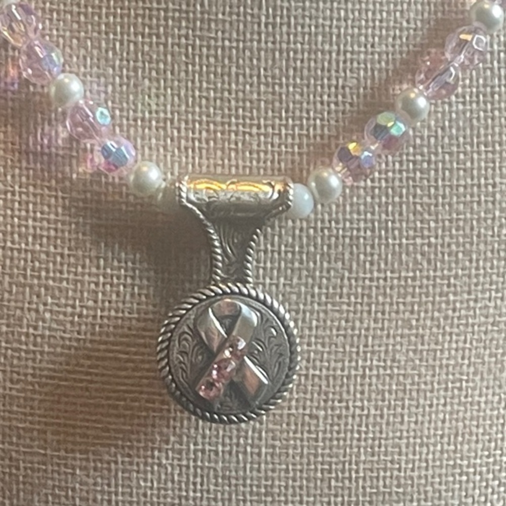 trigo leather con go breast cancer rhinestone Crystal Bead Necklace.